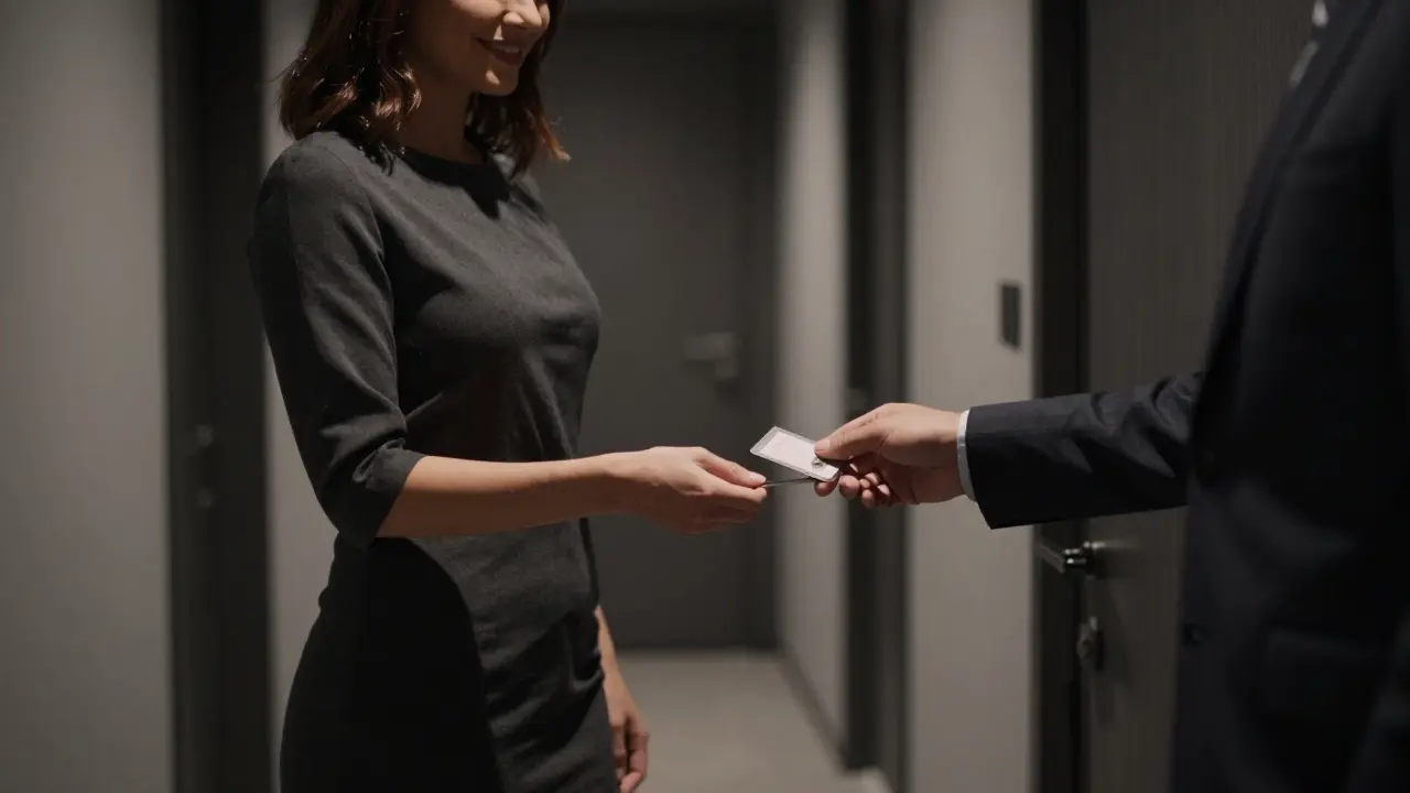 A woman handing a keycard to a man in a discreet residential building hallway.