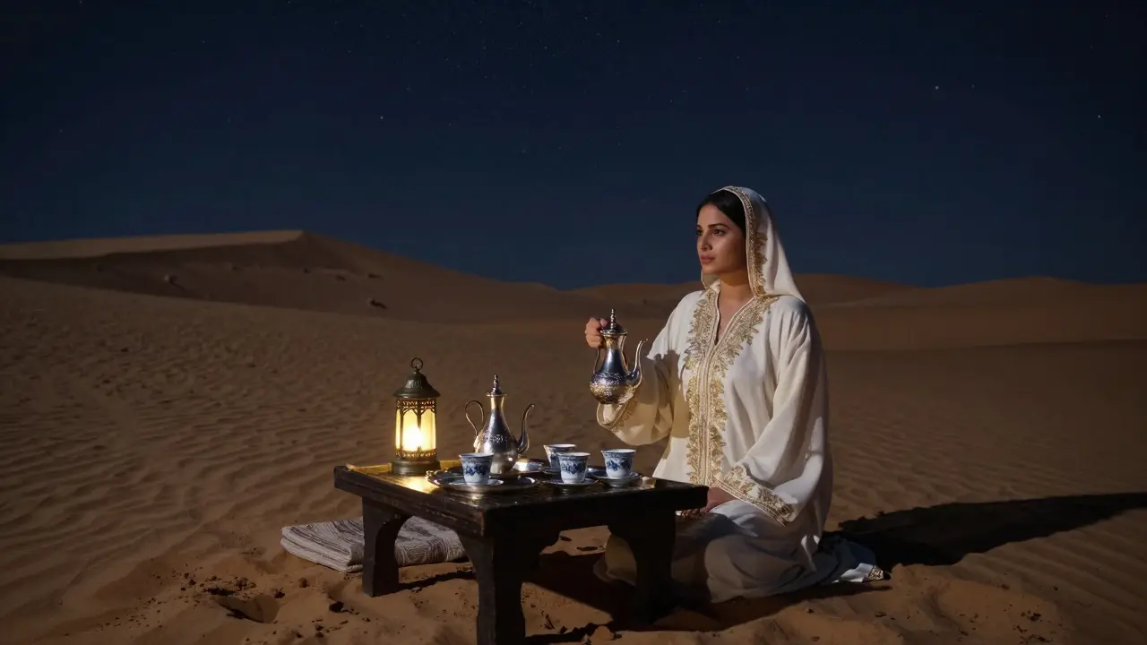 A woman in a traditional kaftan serves tea under a starlit desert canopy, surrounded by quiet luxury.