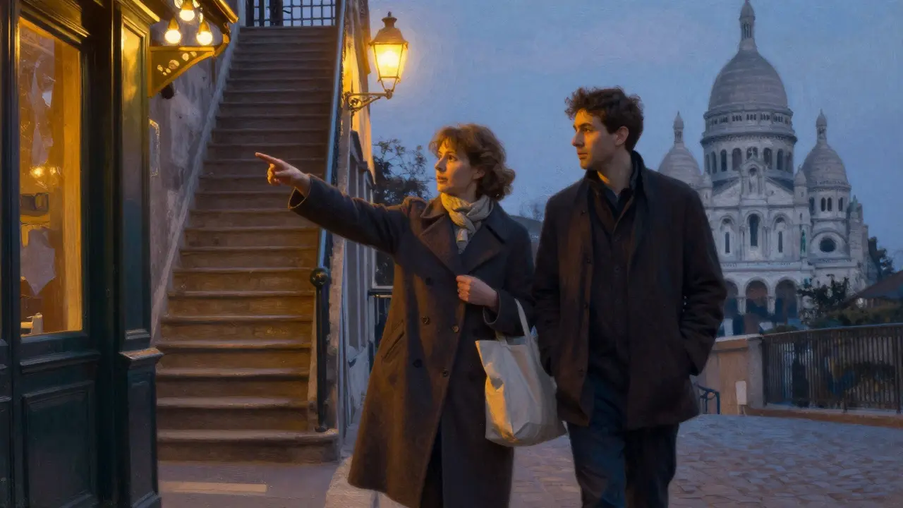 A woman points out a hidden corner of Montmartre to a listener as the Sacré-Cœur glows in the distance.