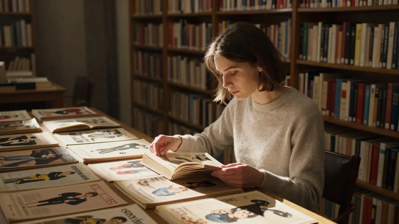 A woman reads vintage French fashion magazines in the Bibliothèque nationale, sunlight filtering through shelves.
