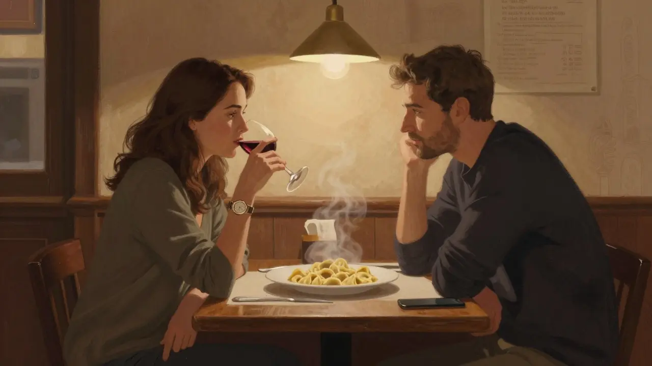 A woman sips wine in a cozy Milanese trattoria, her vintage watch glinting, as a man listens attentively across the table.