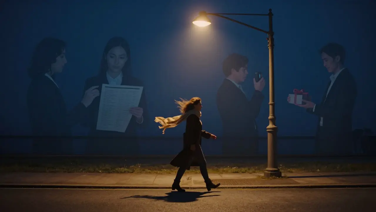 A woman walks alone under a Brera streetlamp, faint ghostly images of inappropriate clients fade behind her in the night.