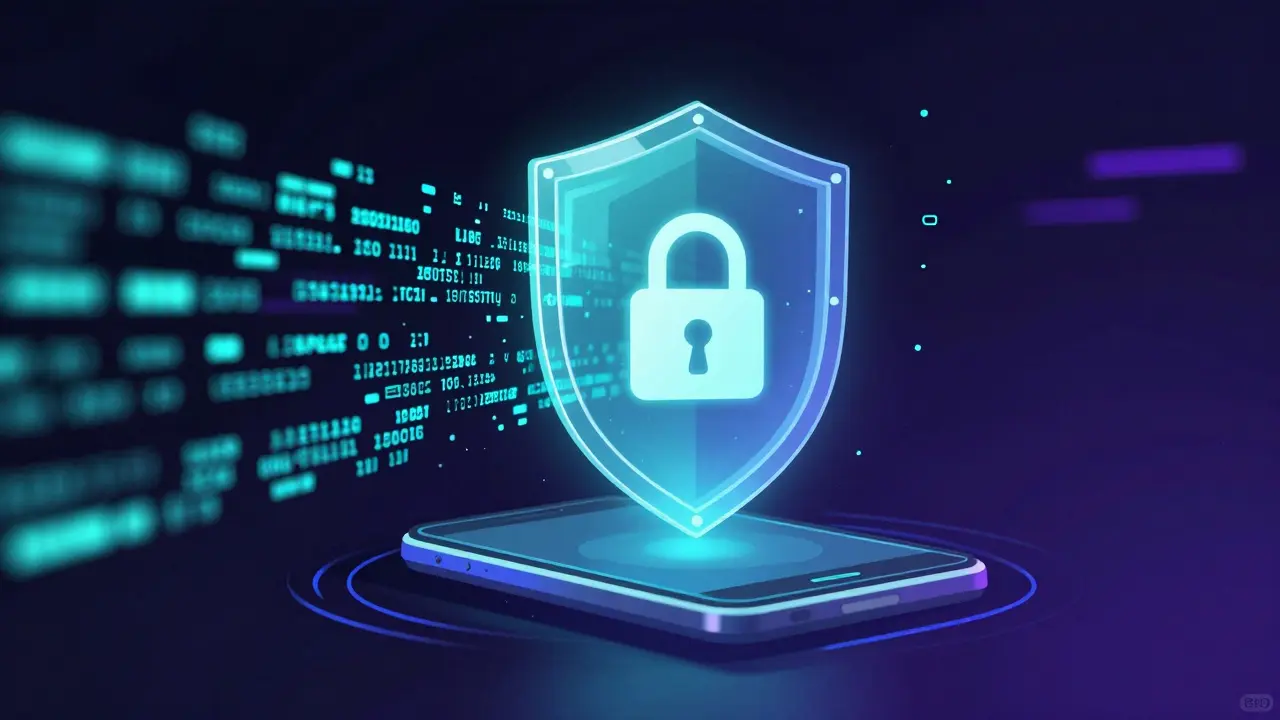 Abstract illustration of digital security shielding smartphone data