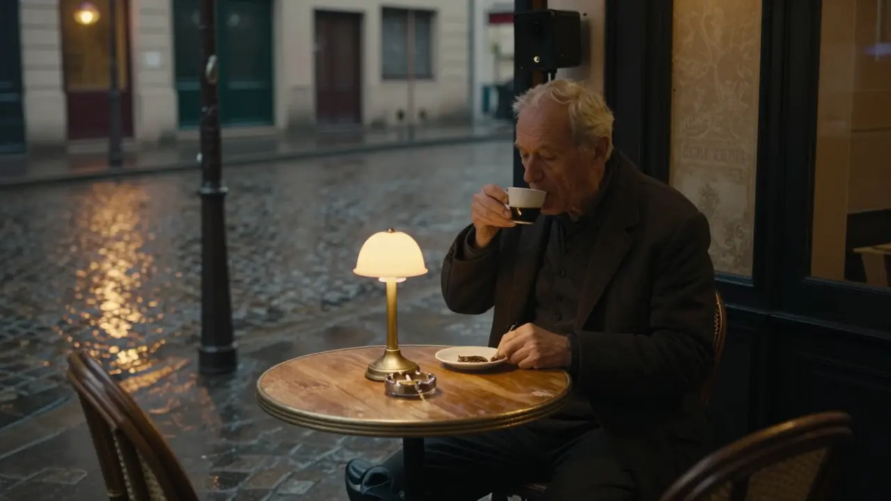 An elderly man sipping espresso at Café de Flore late at night, surrounded by quiet ambiance and soft lamplight.