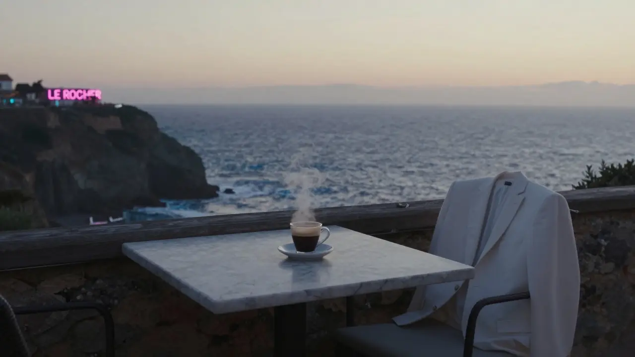 An empty cliffside lounge at dawn, a steaming espresso cup beside the Mediterranean.