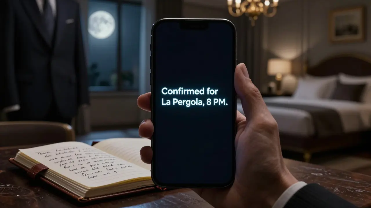 An encrypted message on a dark phone screen in a luxury hotel room, with a tailored suit and art notebook nearby.