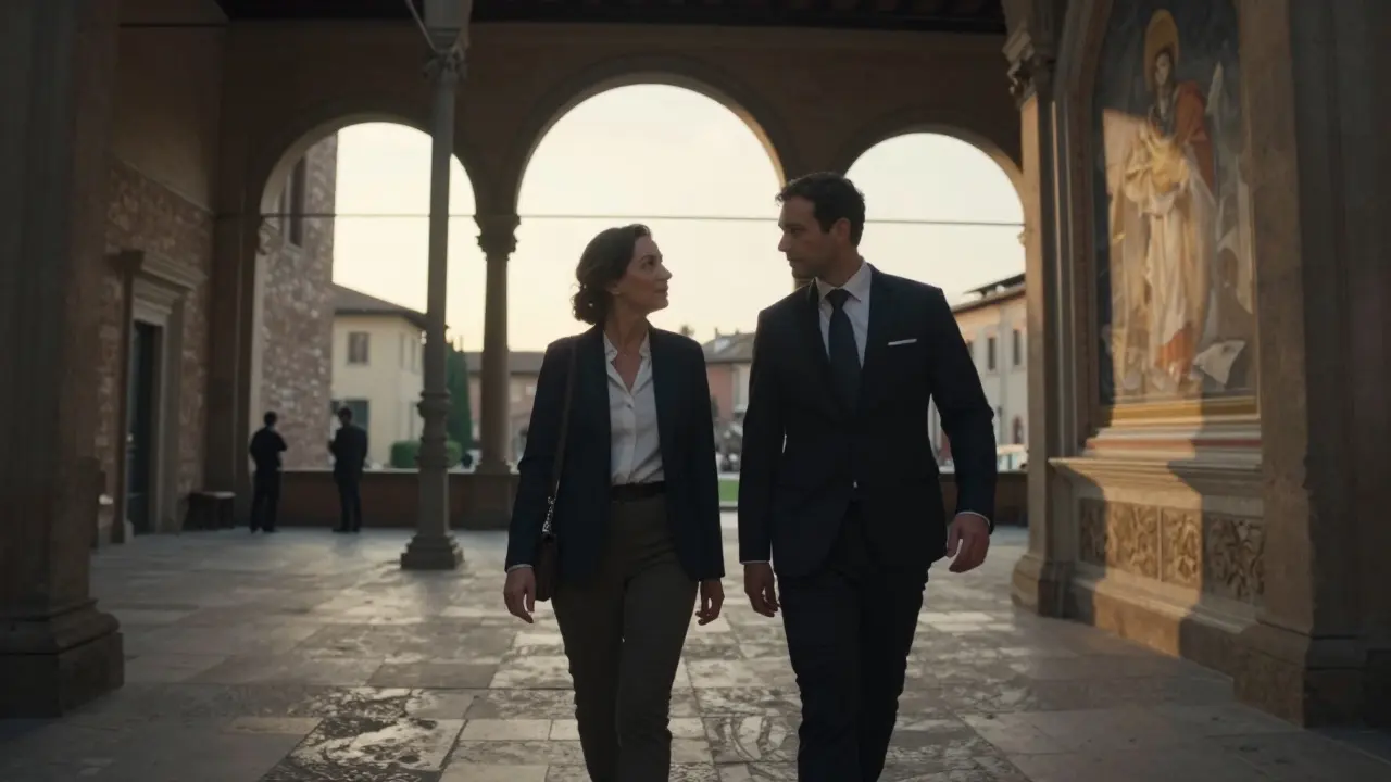 An escort and client walking together through Sforza Castle's courtyard at sunset.