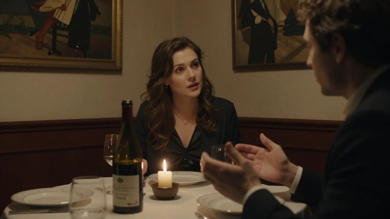 An intimate dinner in Saint-Germain, candlelight, quiet conversation, no faces visible, elegant ambiance.