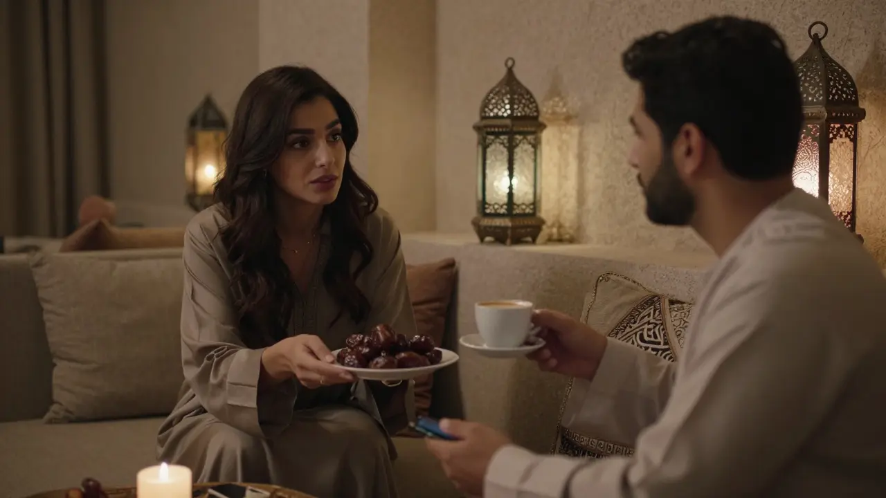 An intimate lounge setting in Al Bateen with traditional decor, where a woman offers coffee and dates to a attentive companion.