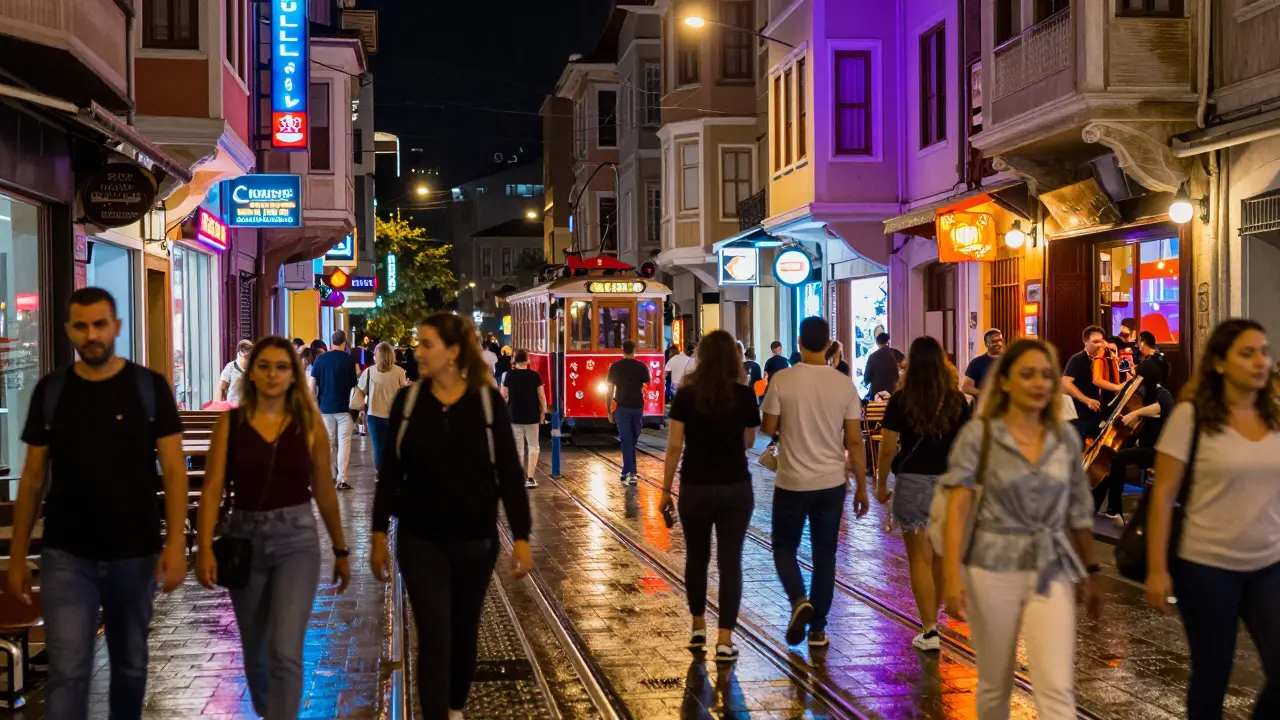 Busy Istiklal Avenue crowd with neon lights and trams at night