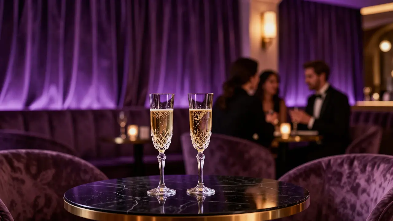 Champagne glasses on a table in a dimly lit luxury nightclub.