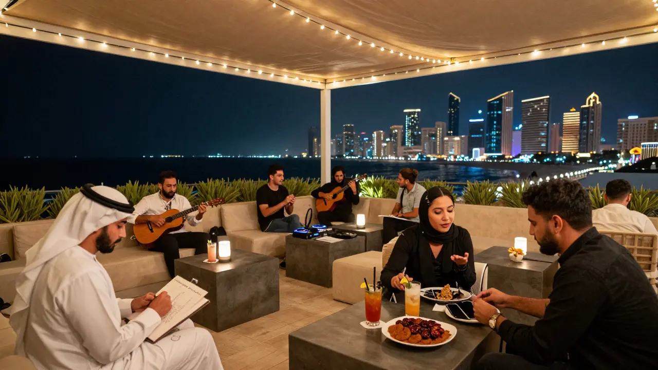Couples and artists enjoying mocktails on a rooftop lounge with panoramic views of Abu Dhabi's Corniche at night.