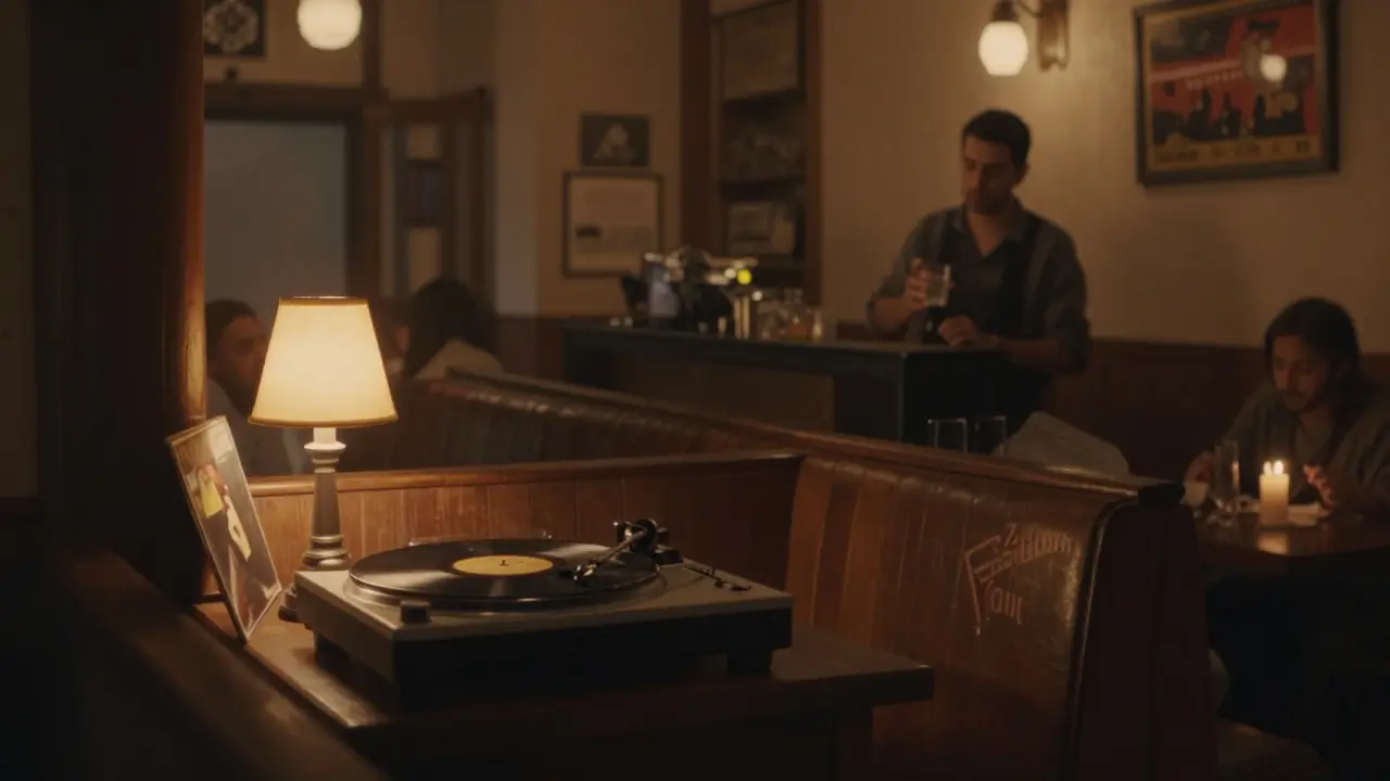 Cozy, dimly lit Al Qasr Bar with wooden booths, vinyl record spinning, no phones, quiet and intimate atmosphere.