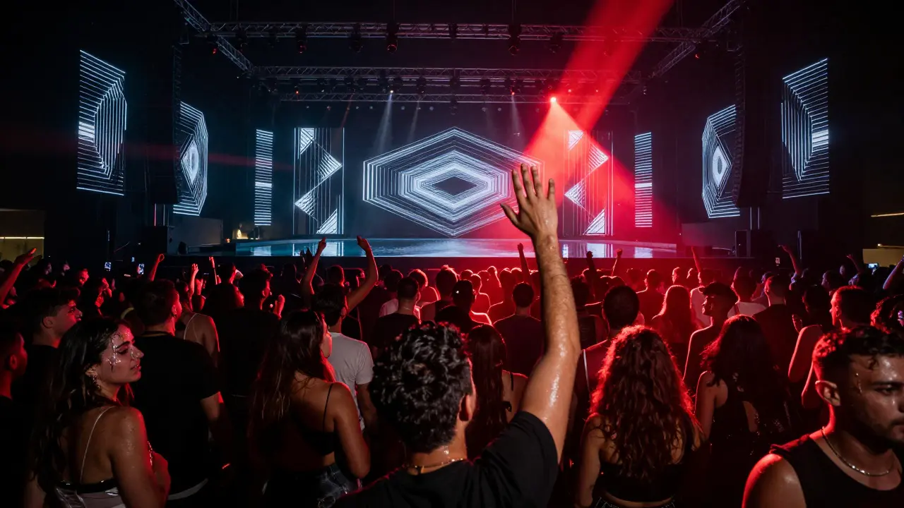 Crowd dancing at Zouk Abu Dhabi’s final night, glowing geometric walls and reflective floor under pulsing lights.