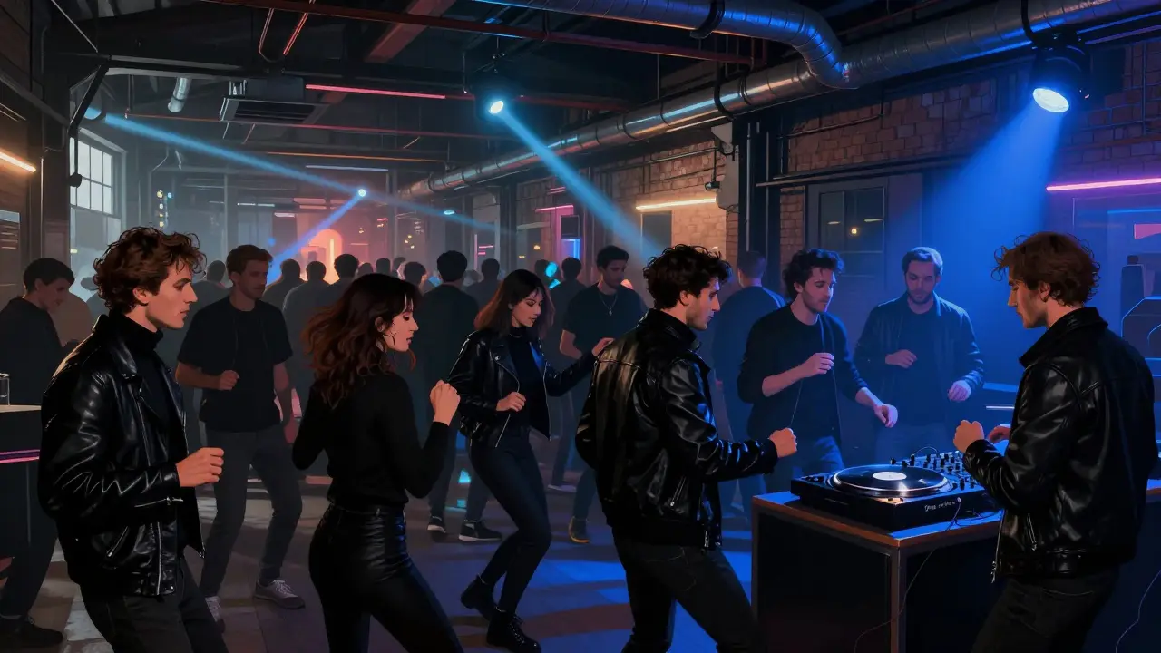 Crowd dancing in an industrial warehouse club with strobe lights and exposed brick walls, no signs or text.