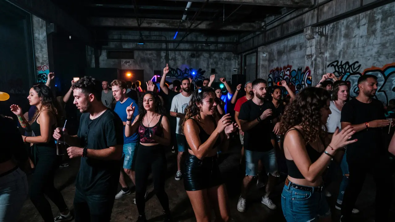 Crowded underground club with dancers under strobe lights in an industrial warehouse setting.