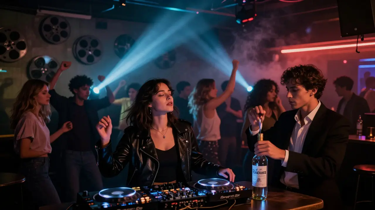 Dancers in an underground Istanbul club lit by flickering projector beams, lost in the rhythm of music.