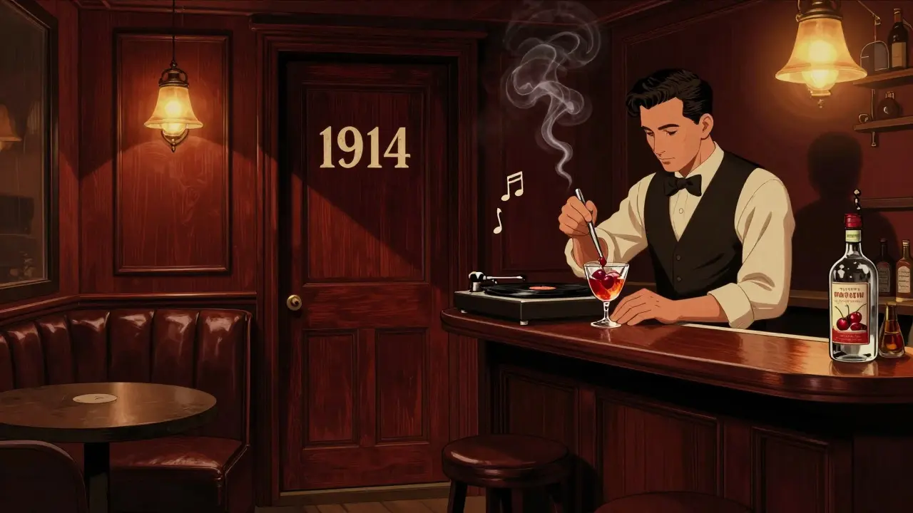 Dimly lit speakeasy bar with bartender crafting cocktails, jazz vinyl spinning, rich wood interiors, no signs.