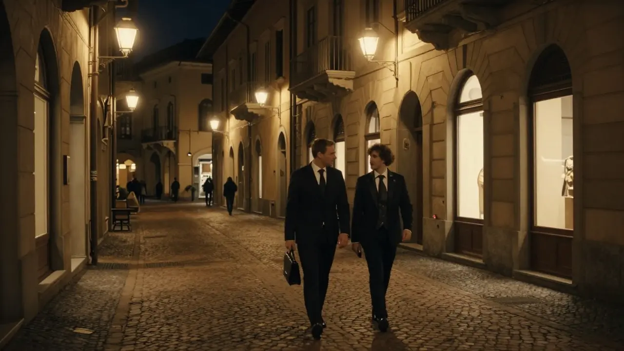 Elegant couple walking through Brera District at night.