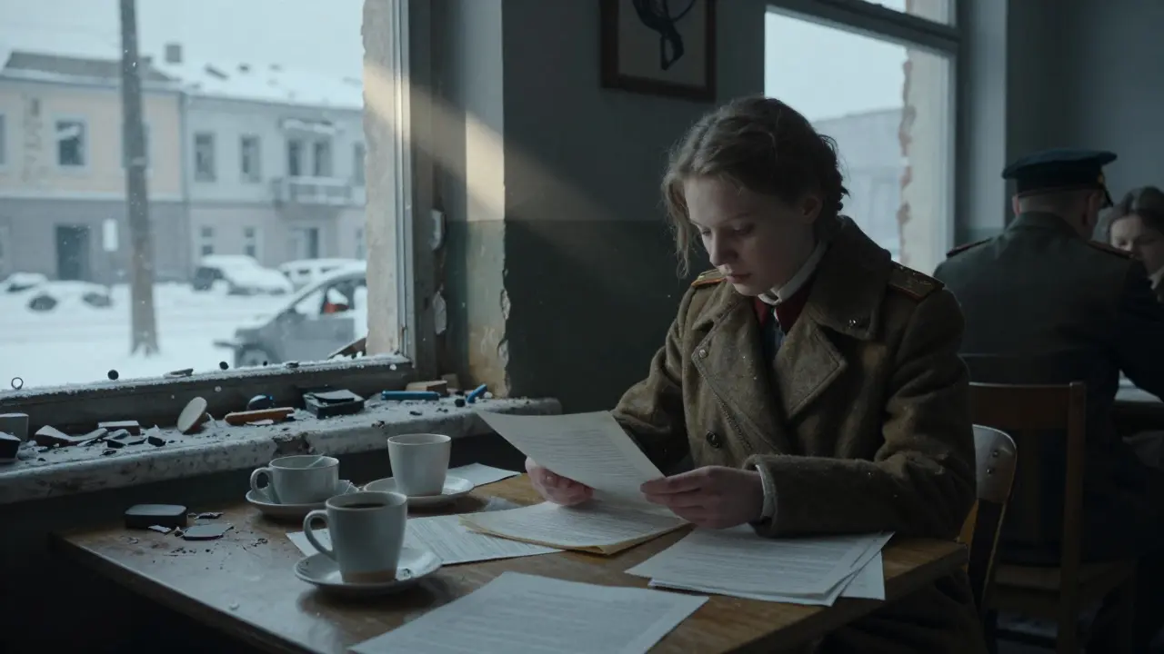 Elisabeth Richter translating for a Soviet officer in a ruined Berlin café after World War II.