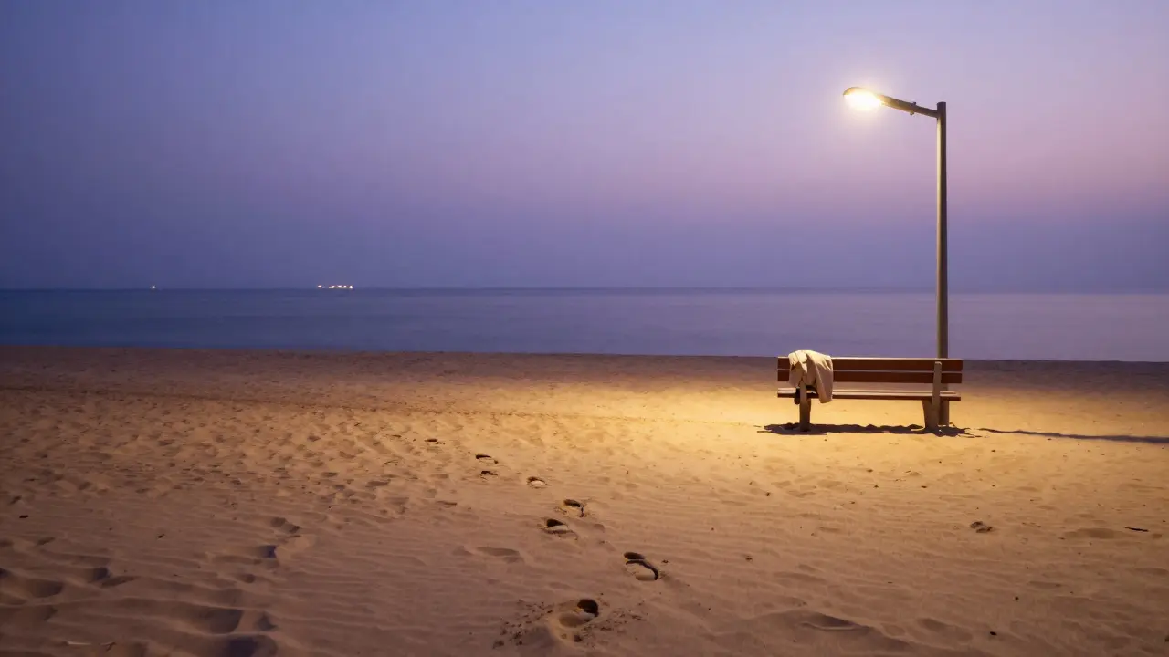 Empty beach at 3 a.m. with faint yacht lights and footprints in the sand, serene and still.