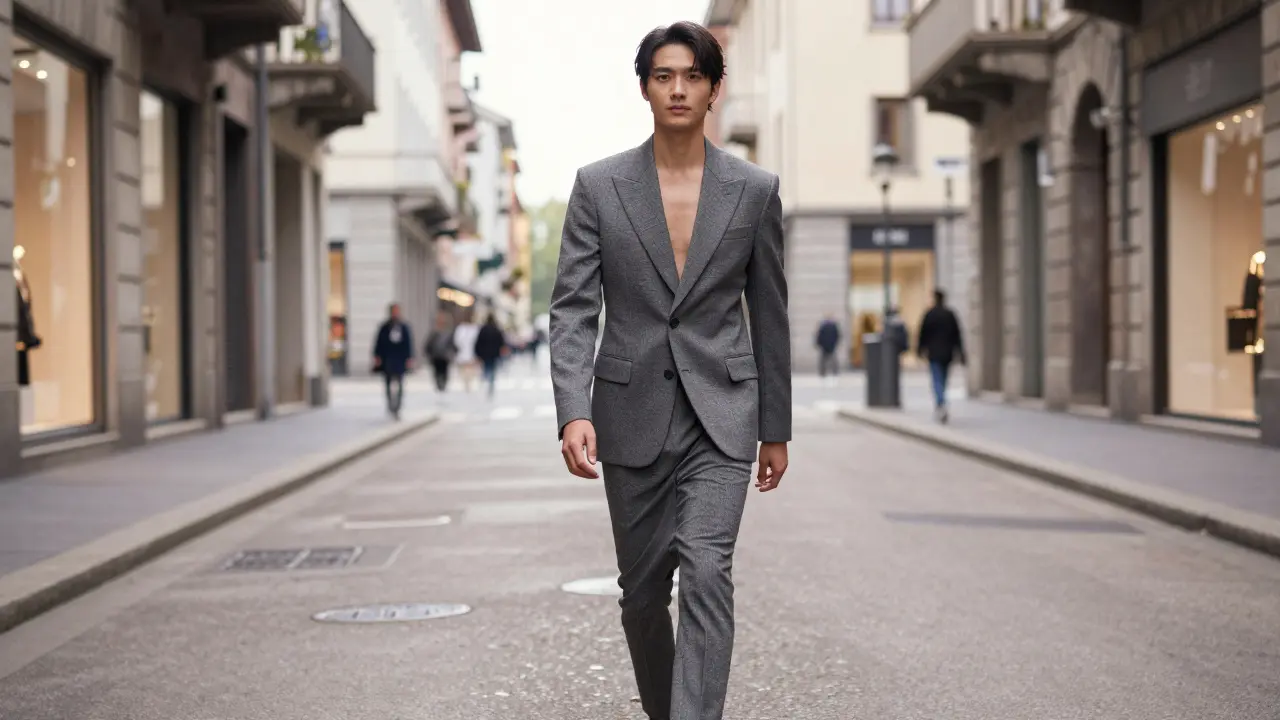 Fashionable individual walking through Milan design district.