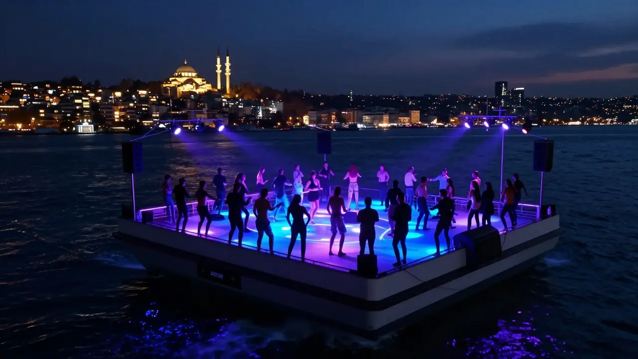 Floating nightclub Reina on the Bosphorus at night, dancers under pulsing lights with Istanbul's skyline glowing in the distance.