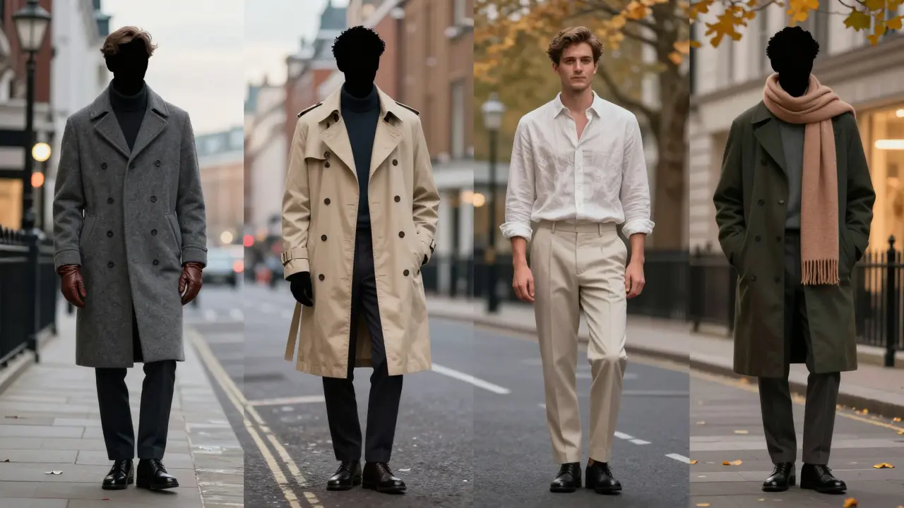 Four seasonal silhouettes in London attire, each representing the city's evolving dress code through fabric and layering.