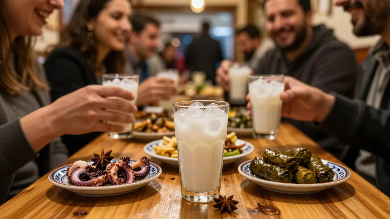 Friends drinking milky raki and sharing mezze appetizers at a traditional Turkish tavern.