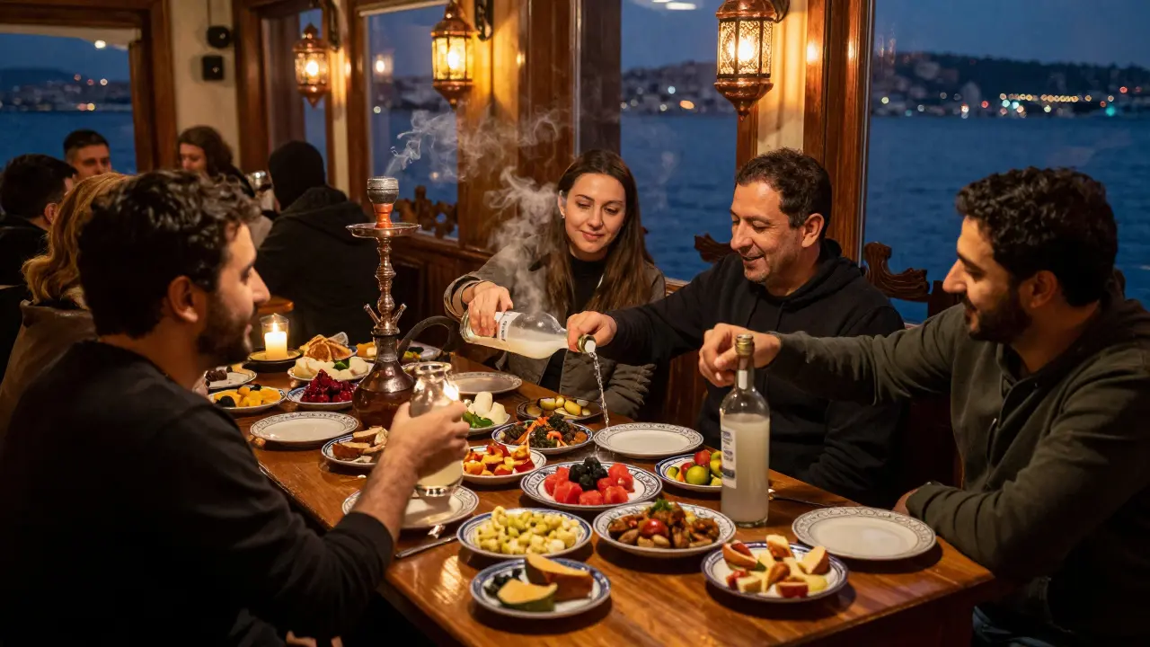 Friends sharing meze dishes in traditional Turkish restaurant by waterfront