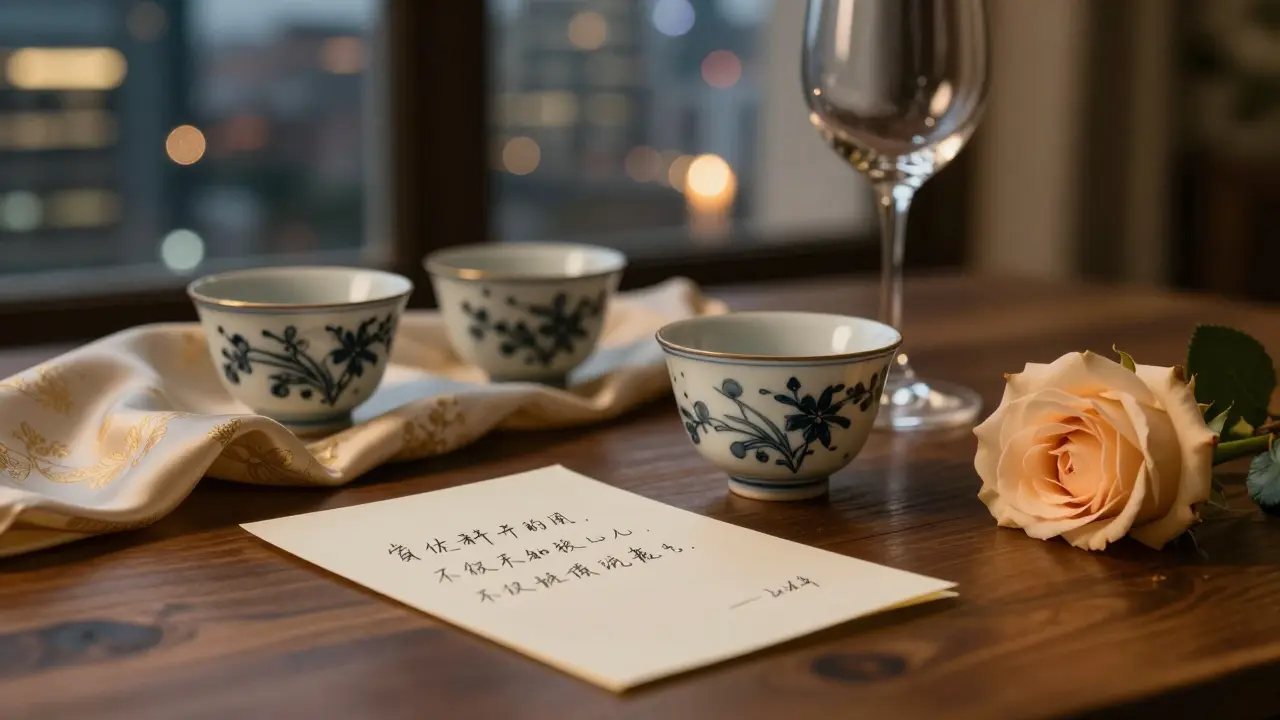 Handwritten note and Japanese tea cups left on a table, symbolizing a meaningful connection.