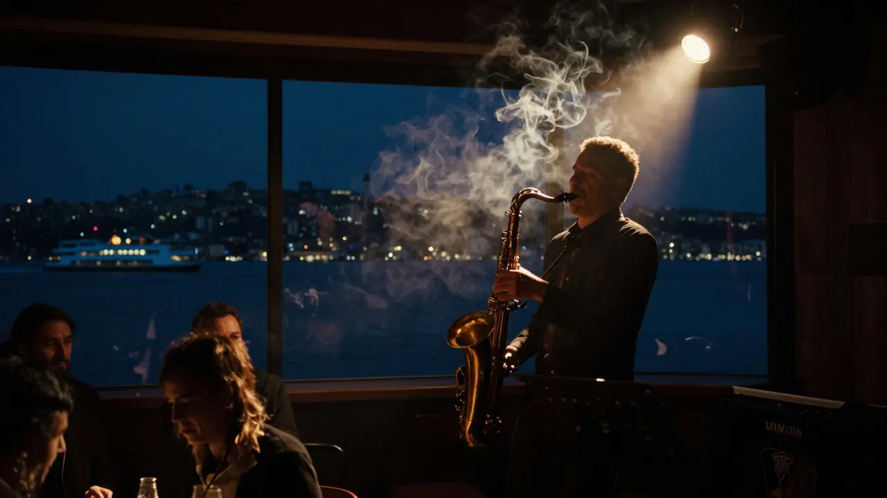 Jazz musician performing on stage with city lights visible through the club window.
