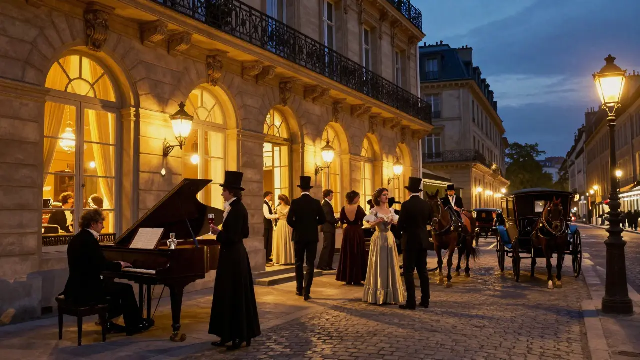 La Païva's lavish 19th-century Parisian mansion party with artists and nobles under gaslamp glow.