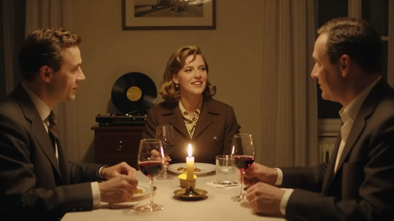 Lieselotte Fischer hosting a covert dinner party in 1960s West Berlin, candlelight illuminating diplomats and artists.