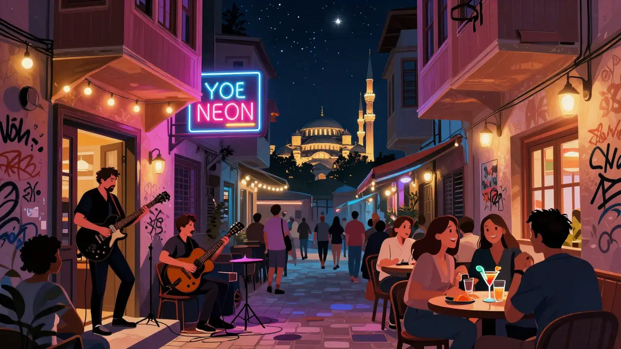 Neon-lit streets of Beyoğlu with live music and crowds gathered outside a graffiti-covered bar under a starry sky.