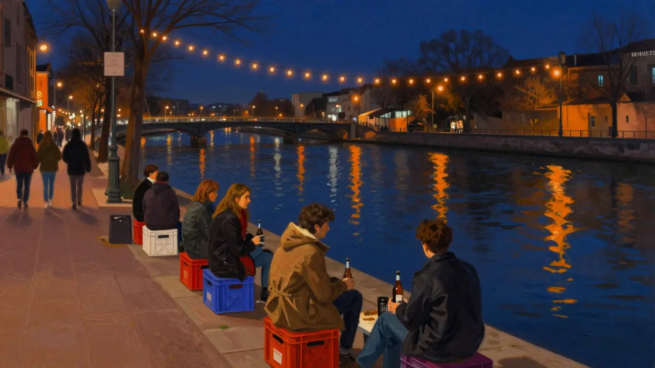 Outdoor seating by canal with lanterns reflecting on dark water.
