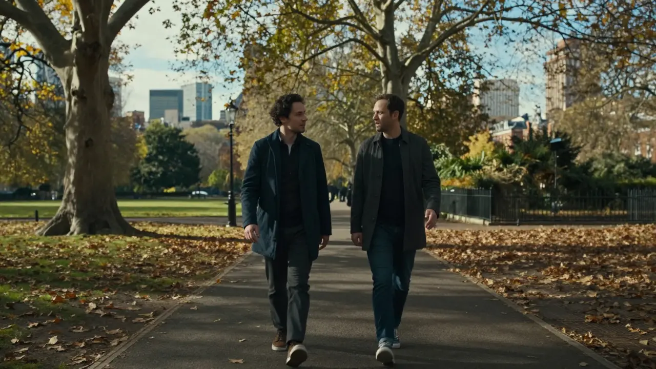 Pair walking on a path in Hyde Park, London.