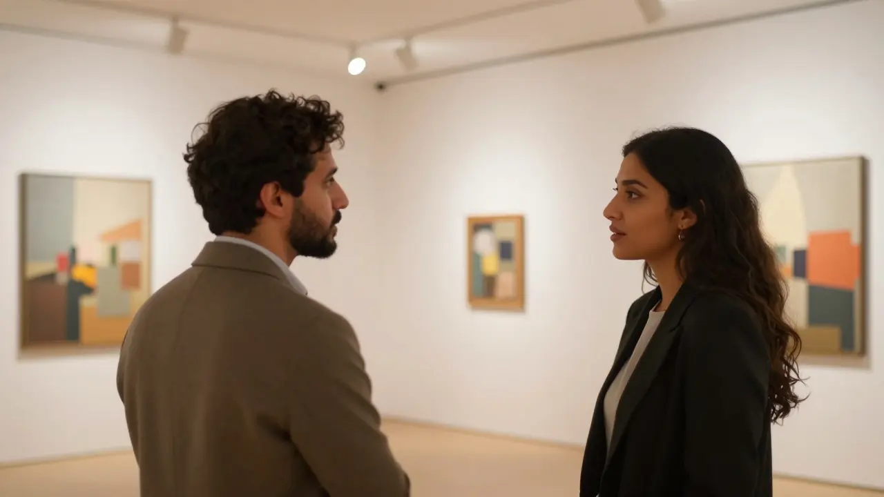 People conversing respectfully in a modern art gallery space