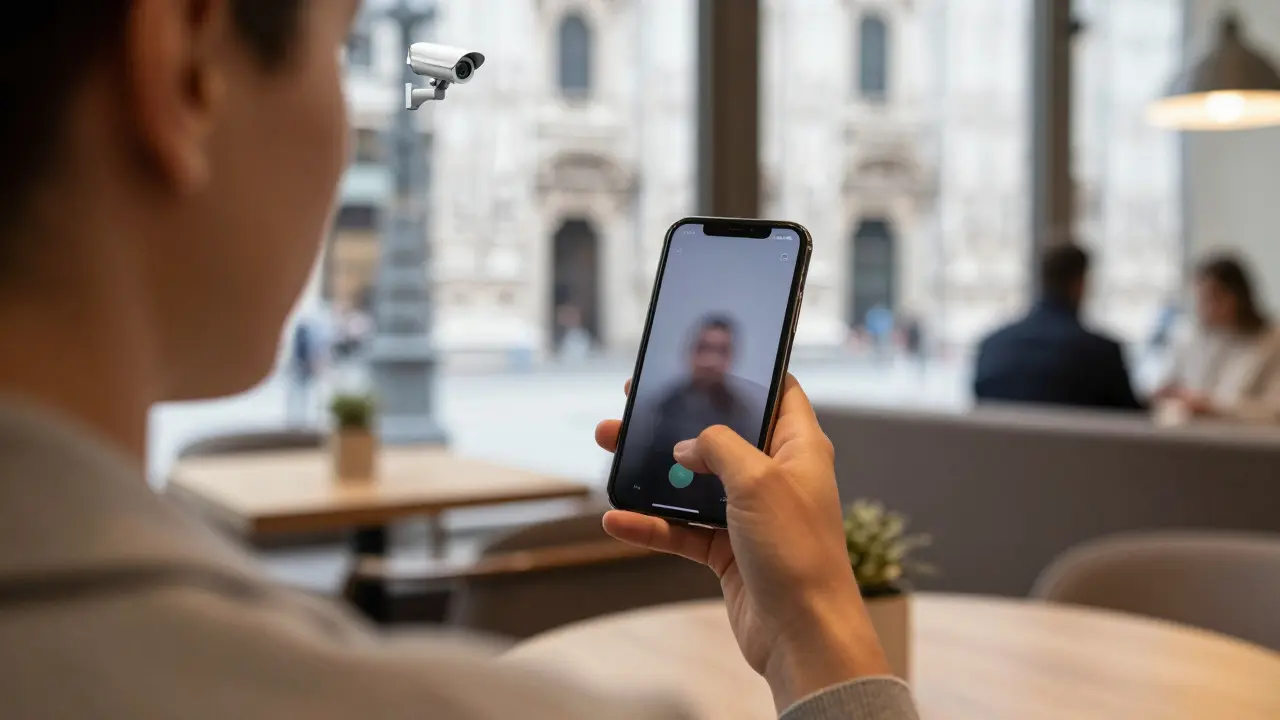 Person verifying identity via video call in a safe cafe setting.