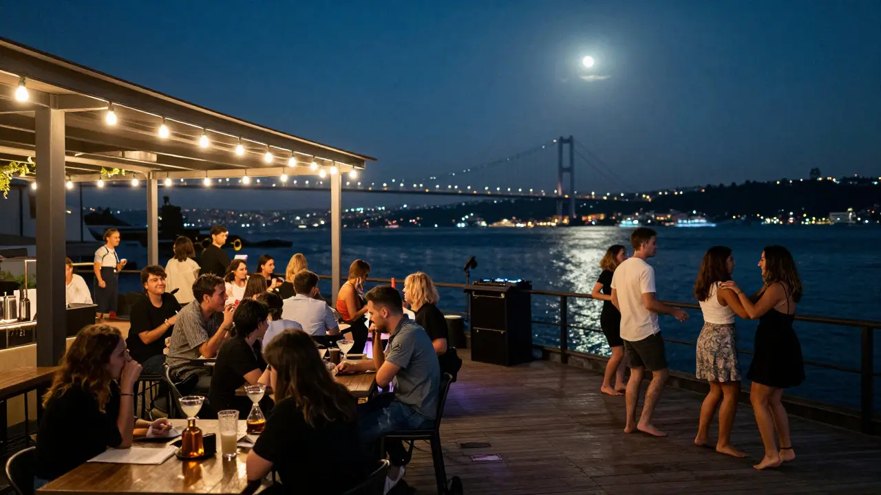 Rooftop bar along the Bosphorus at dawn, patrons dancing under string lights as ferries pass in the distance.