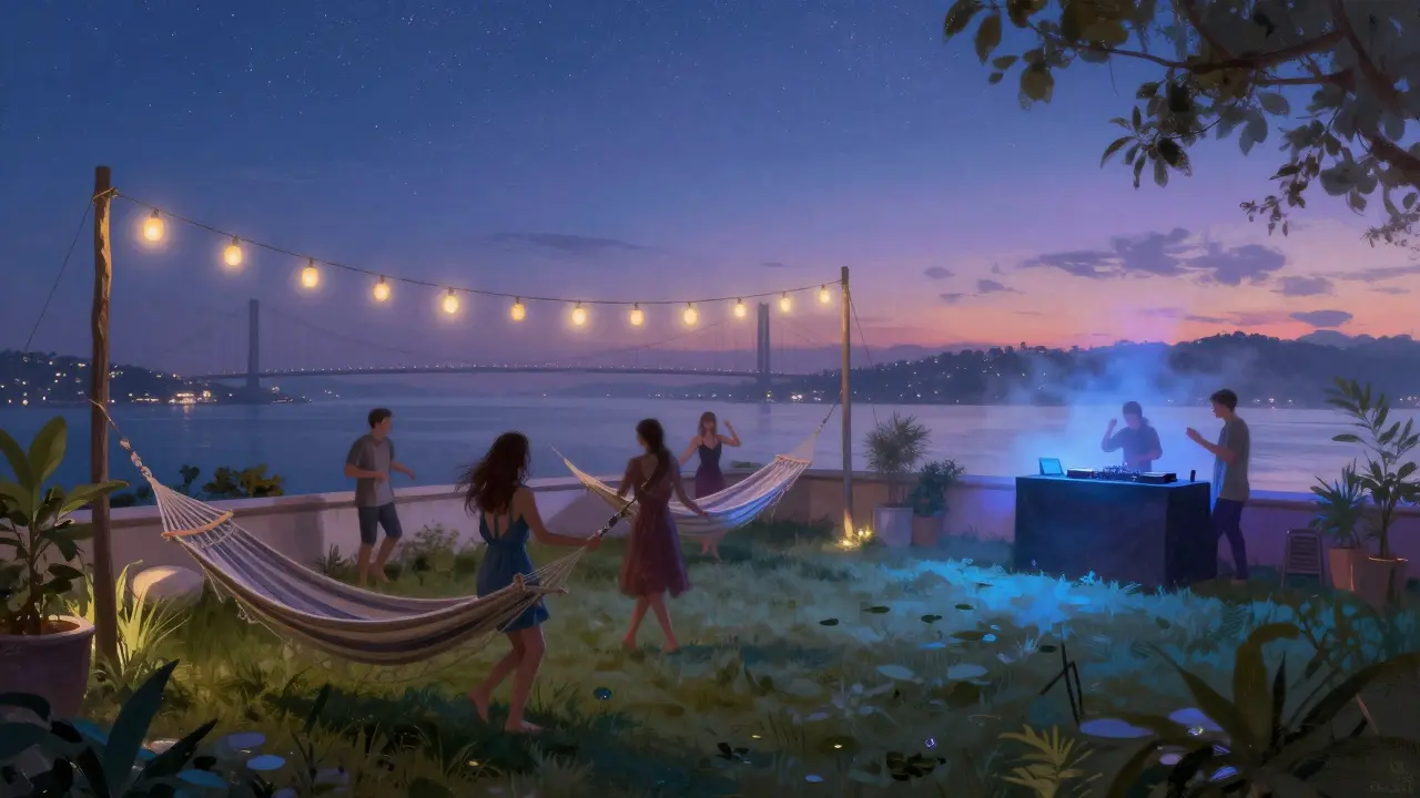 Rooftop garden at dawn with people dancing barefoot on grass under lanterns and hammocks, Bosphorus in background.