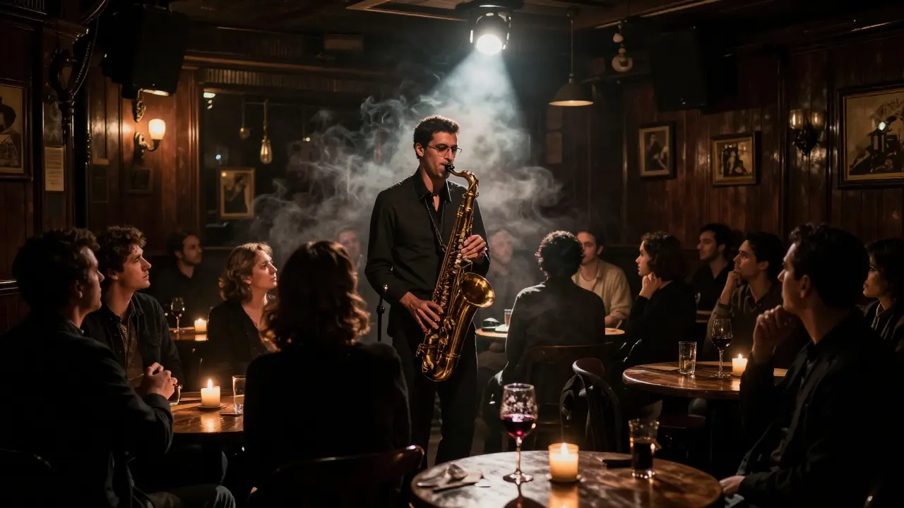 Saxophone player performing live in a smoky jazz club interior.