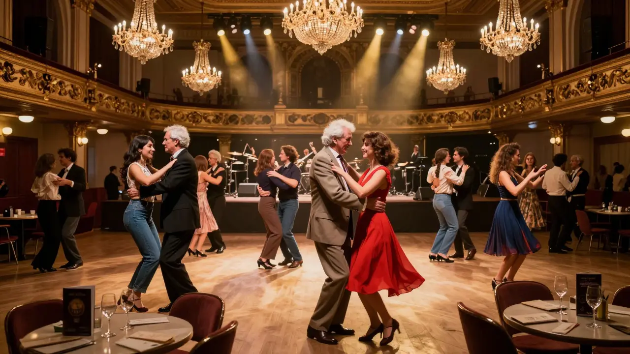 Spontaneous dancing in La Cigale's lobby after a concert, diverse crowd under chandeliers in vintage style.