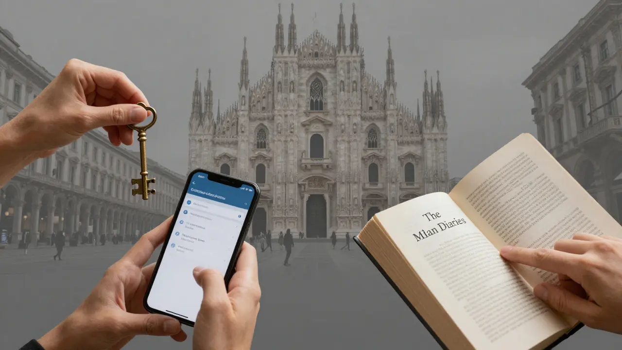 Symbolic collage of hands holding a key, typing on an encrypted device, and turning a book page, with faint cityscapes in the background.