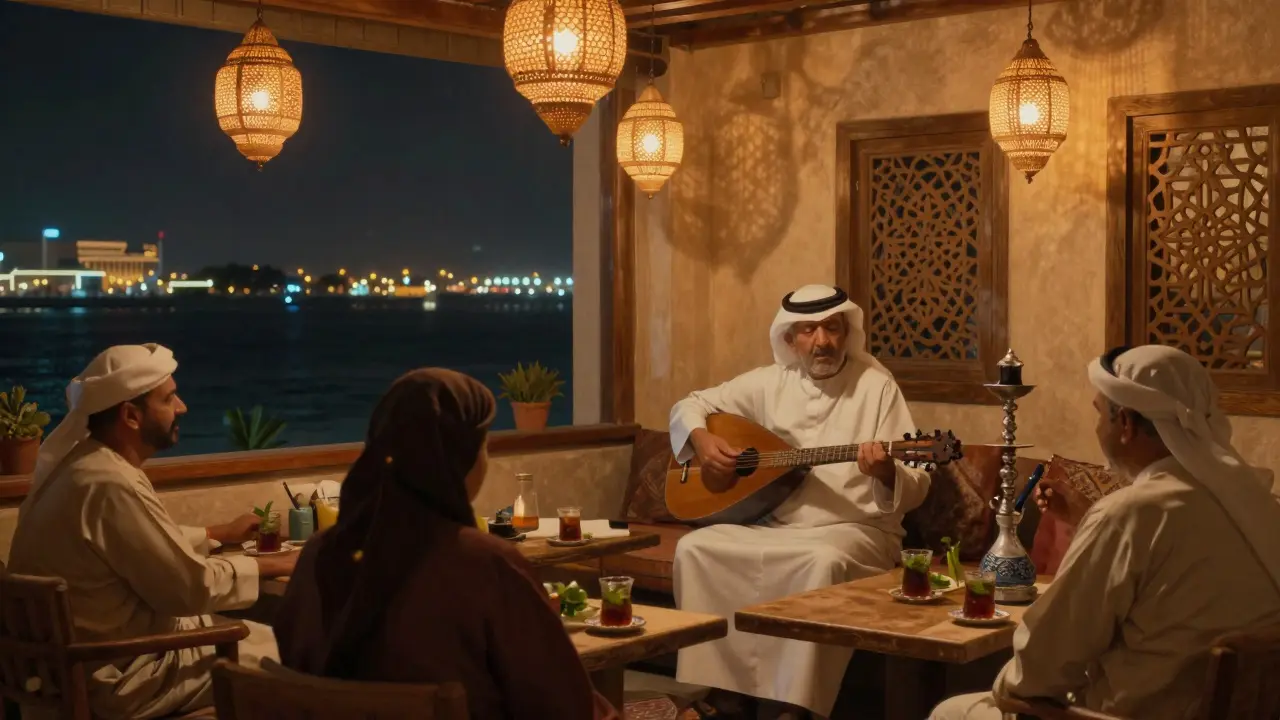 Traditional Emirati bar with oud musician and guests enjoying shisha under lantern light.