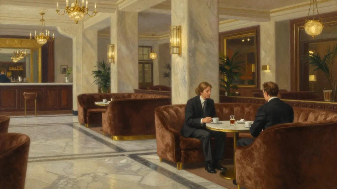 Two figures conversing discreetly in a luxury hotel lobby.