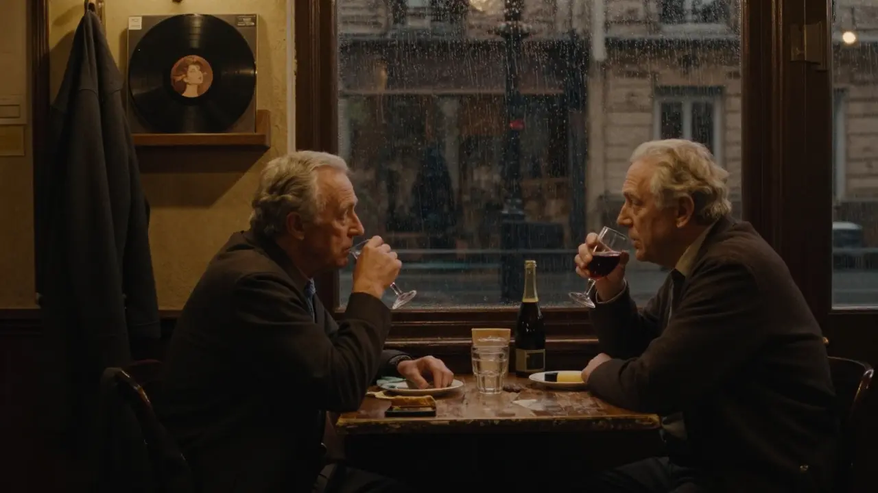 Two locals sharing a quiet drink in a dim 1950s Paris bistro with Edith Piaf playing softly.