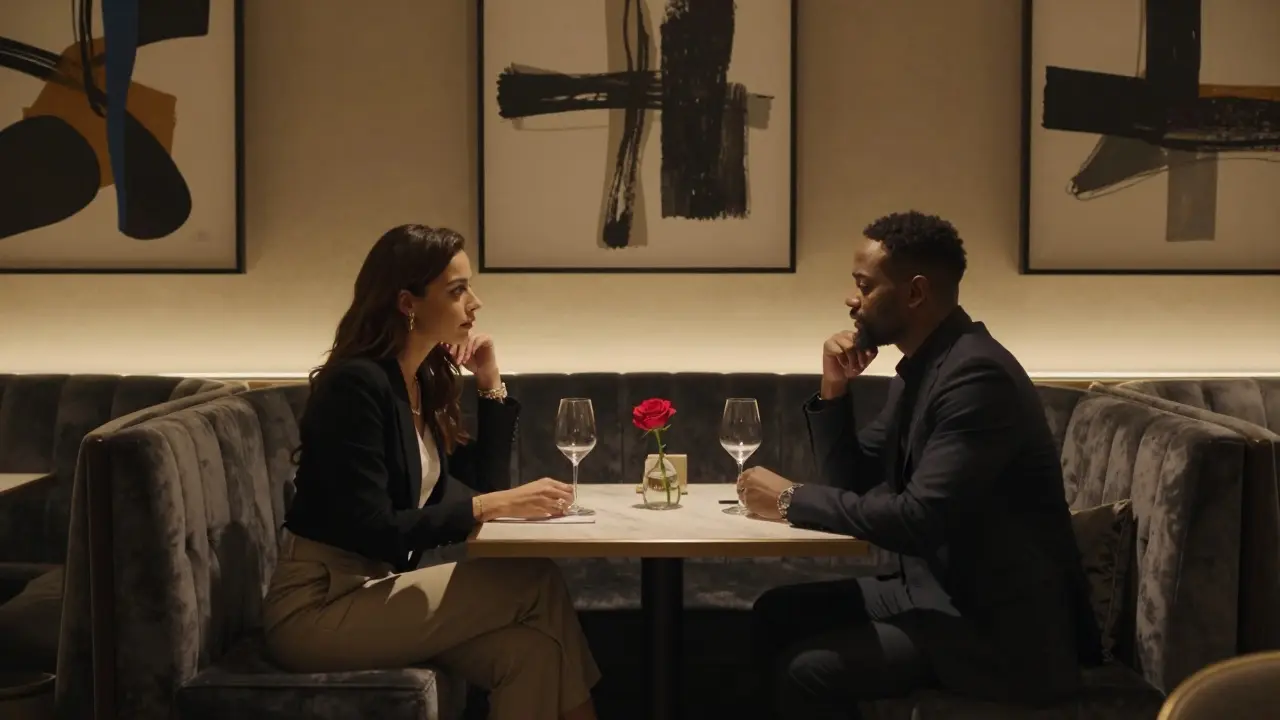 Two people engaged in thoughtful conversation in a high-end Dubai lounge, no physical contact, soft lighting and refined ambiance.