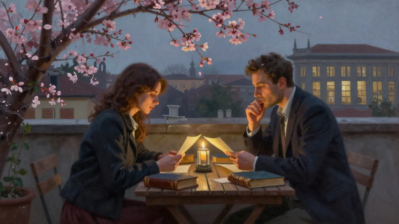 Two people read old letters together on a quiet Brera rooftop garden at dusk, surrounded by books and cherry blossoms.