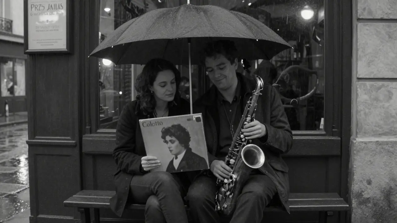 Two people share an umbrella under rain outside a jazz club, holding a book with Colette’s portrait.